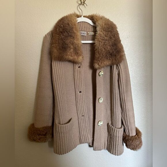 Vintage 70s Chunky Wool Knit Cardigan Sweater Fur Trimm Sz Medium Tan - Picture 1 of 7
